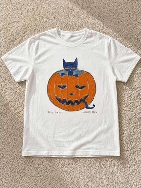 Gildan White Tee with Orange Pumpkin and Blue Cat Graphic